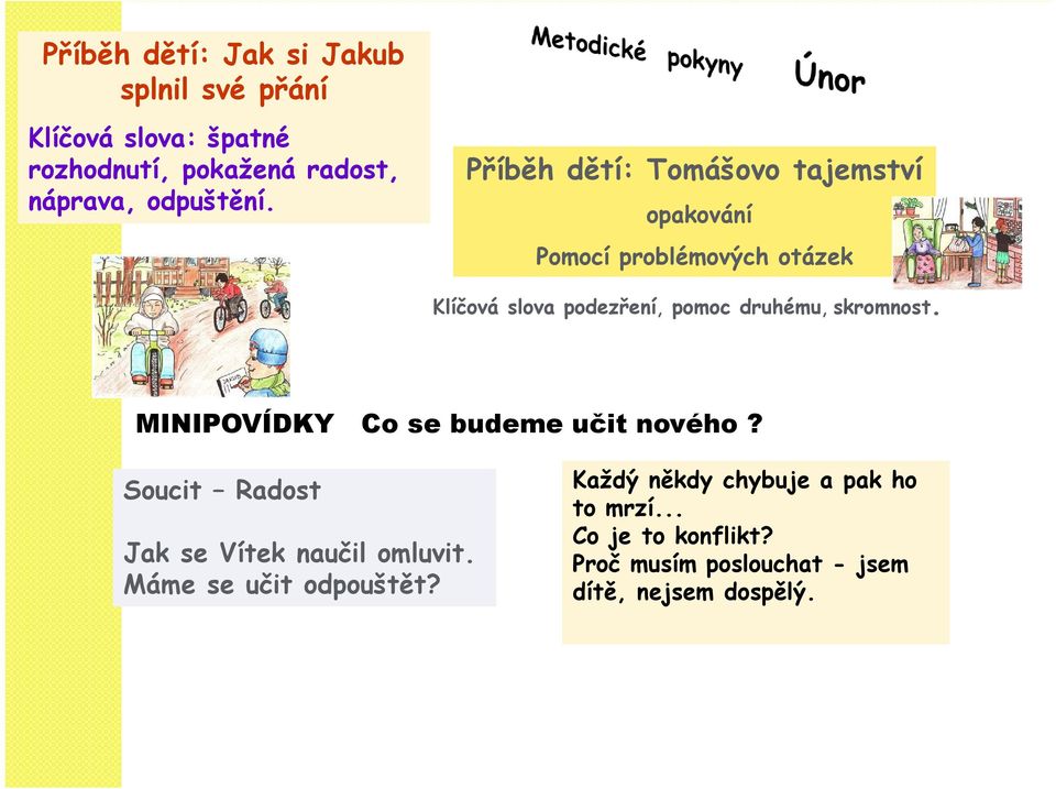 Příběh dětí: Tomášovo tajemství opakování Pomocí problémových otázek Klíčová slova podezření, pomoc druhému,