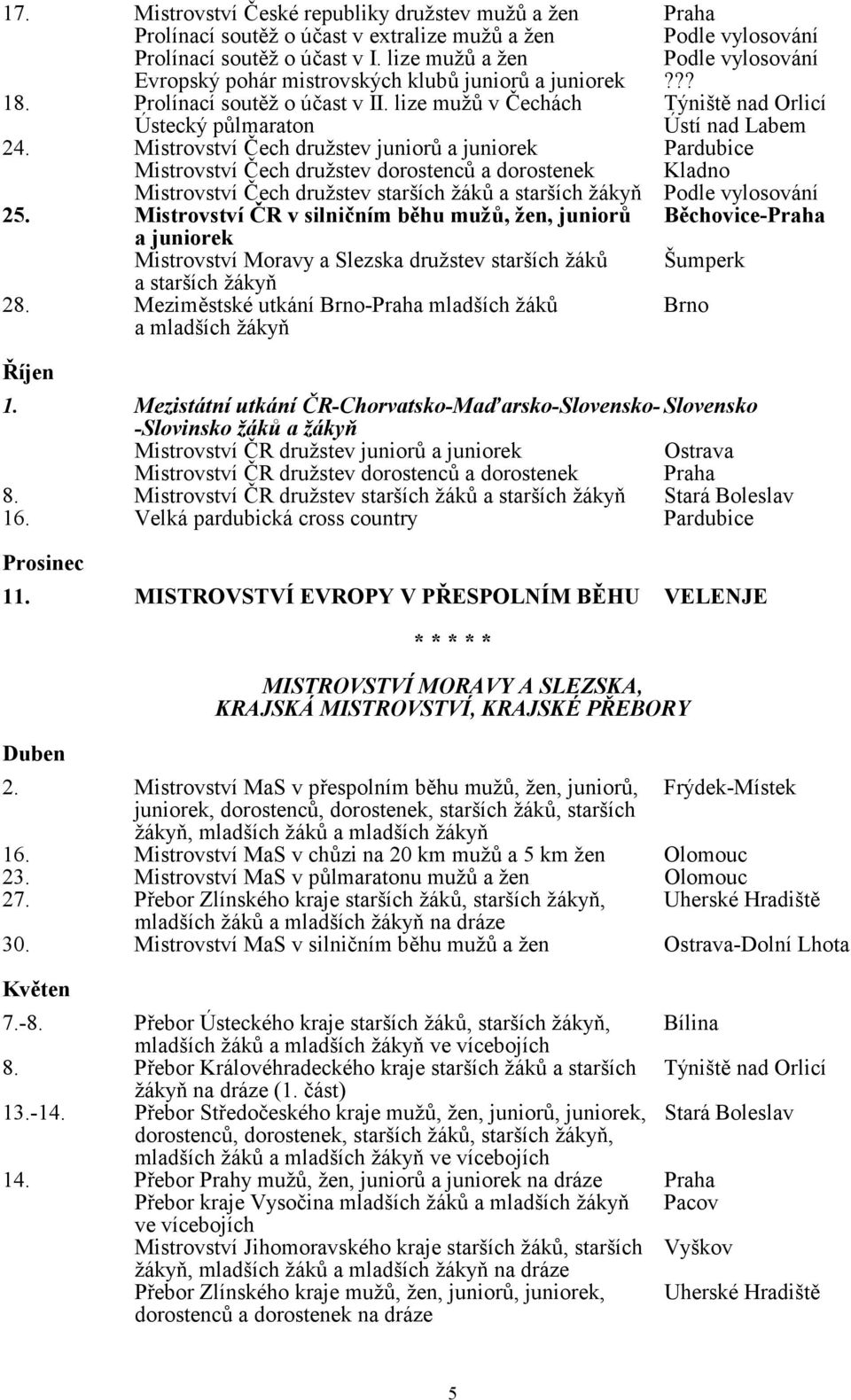 Mistrovství Čech družstev juniorů a juniorek Pardubice Mistrovství Čech družstev dorostenců a dorostenek Kladno Mistrovství Čech družstev starších žáků a starších žákyň Podle vylosování 25.