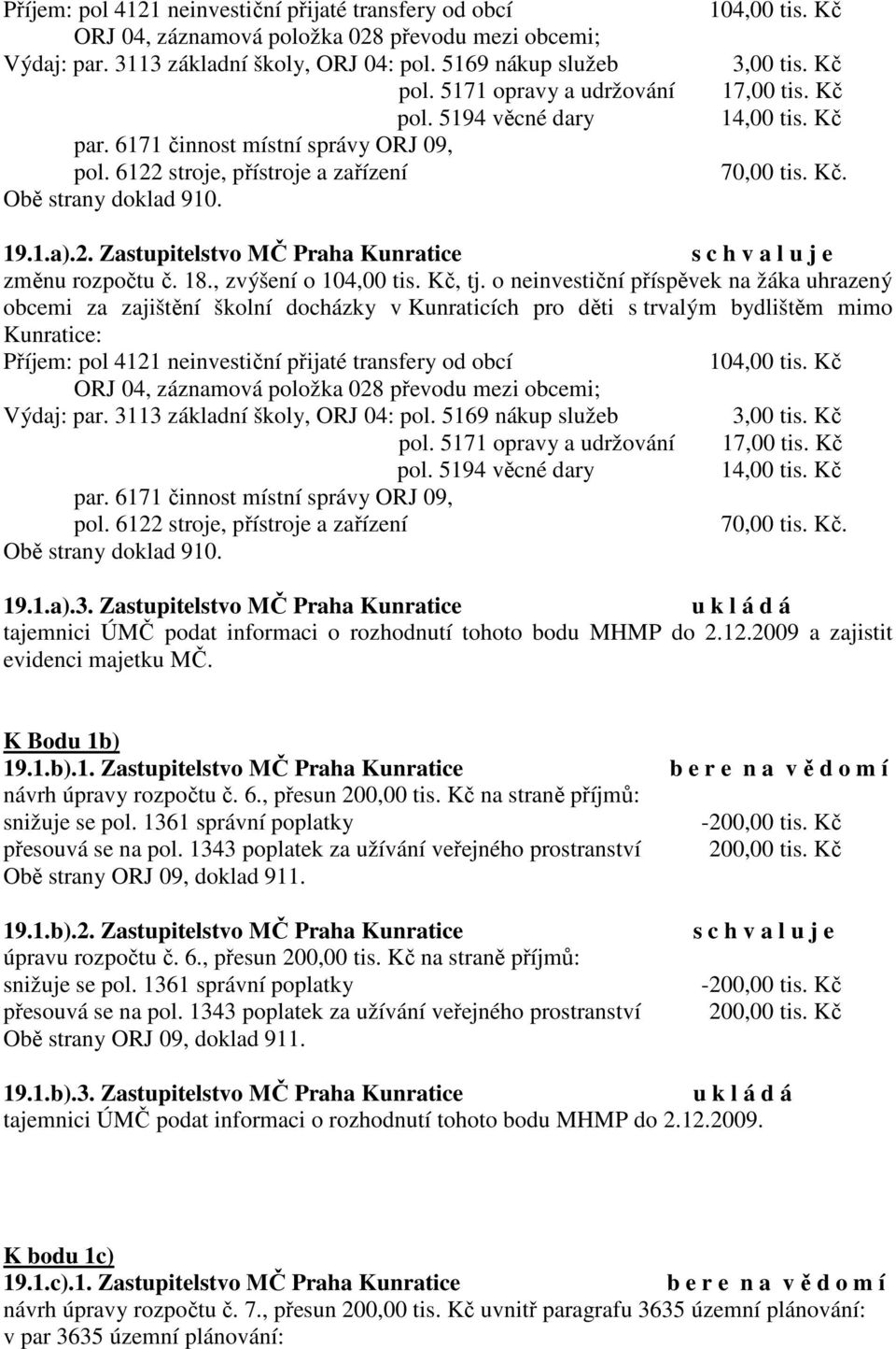Kč 70,00 tis. Kč. 19.1.a).2. Zastupitelstvo MČ Praha Kunratice změnu rozpočtu č. 18., zvýšení o 104,00 tis. Kč, tj.