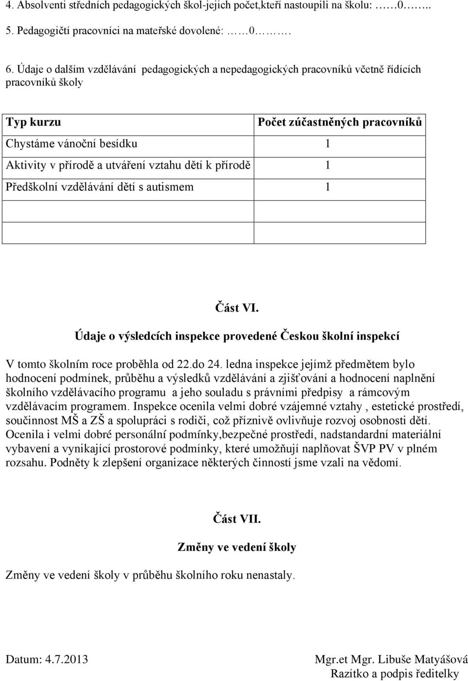 dětí k přírodě 1 Předškolní vzdělávání dětí s autismem 1 Část VI. Údaje o výsledcích inspekce provedené Českou školní inspekcí V tomto školním roce proběhla od 22.do 24.