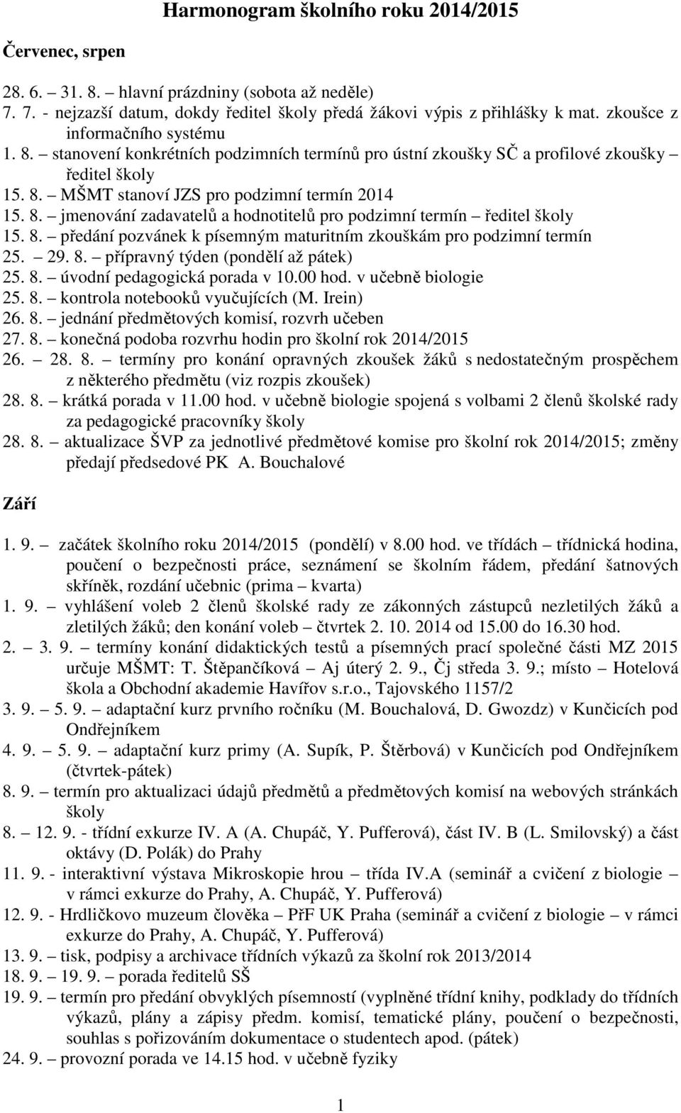 8. předání pozvánek k písemným maturitním zkouškám pro podzimní termín 25. 29. 8. přípravný týden (pondělí až pátek) 25. 8. úvodní pedagogická porada v 10.00 hod. v učebně biologie 25. 8. kontrola notebooků vyučujících (M.