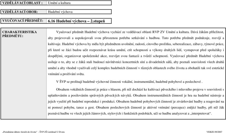 Dává žákům příležitost, aby projevovali a uspokojovali svou přirozenou potřebu setkávání s hudbou. Tuto potřebu předmět podněcuje, rozvíjí a kultivuje.