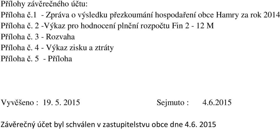 2 -Výkaz pro hodnocení plnění rozpočtu Fin 2-12 M Příloha č. 3 - Rozvaha Příloha č.