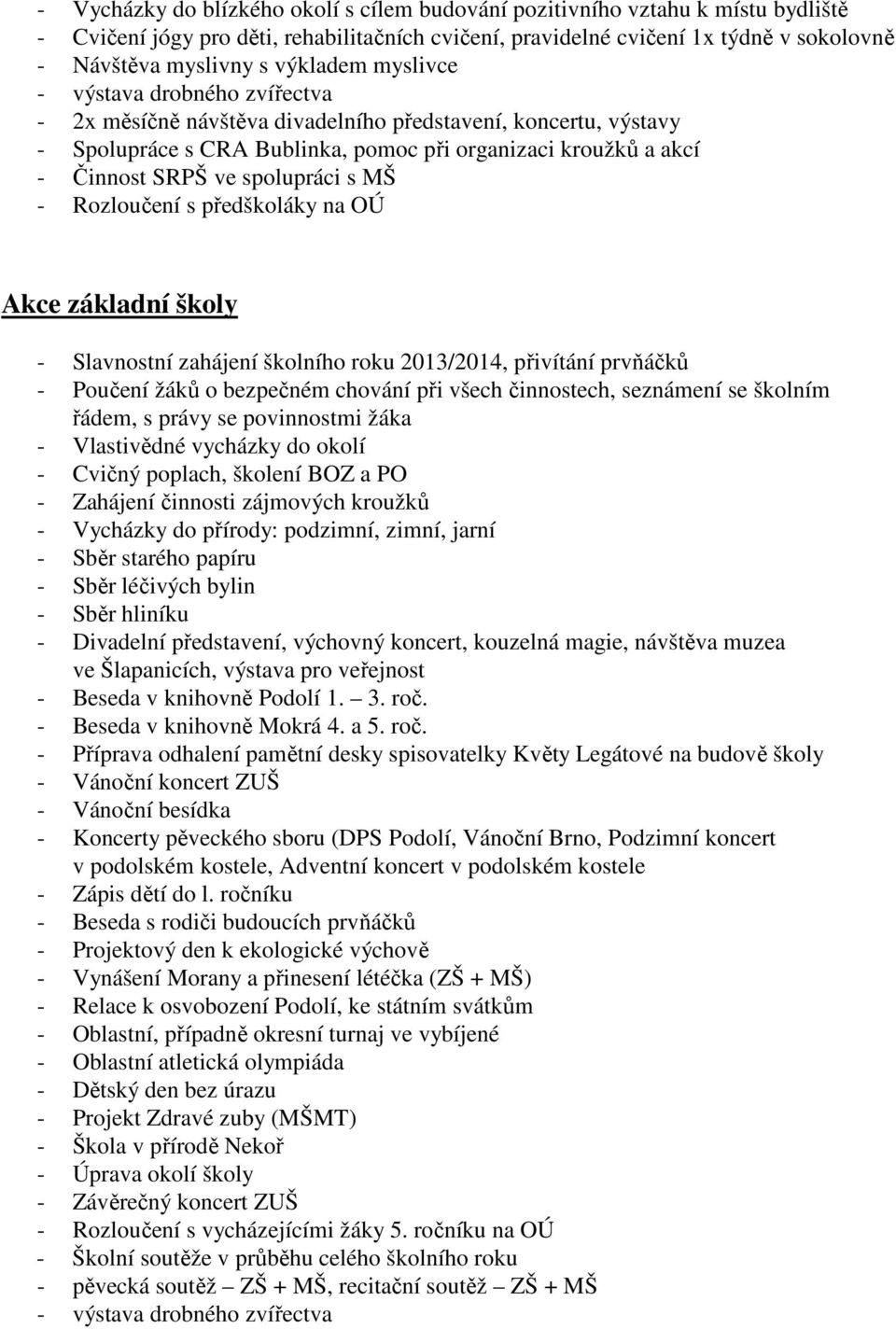 spolupráci s MŠ - Rozloučení s předškoláky na OÚ Akce základní školy - Slavnostní zahájení školního roku 2013/2014, přivítání prvňáčků - Poučení žáků o bezpečném chování při všech činnostech,