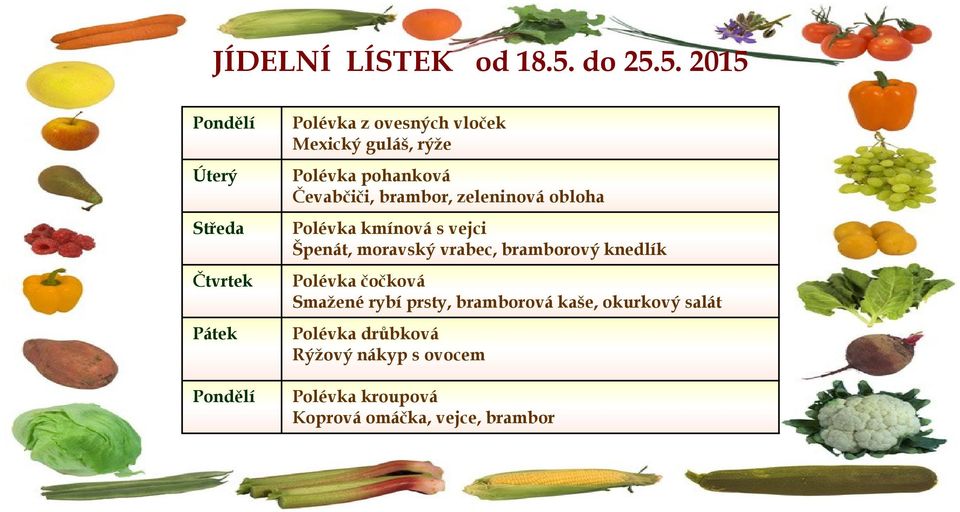 5. 2015 Pondělí Polévka z ovesných vloček Mexický guláš, rýže Úterý Polévka pohanková Čevabčiči,