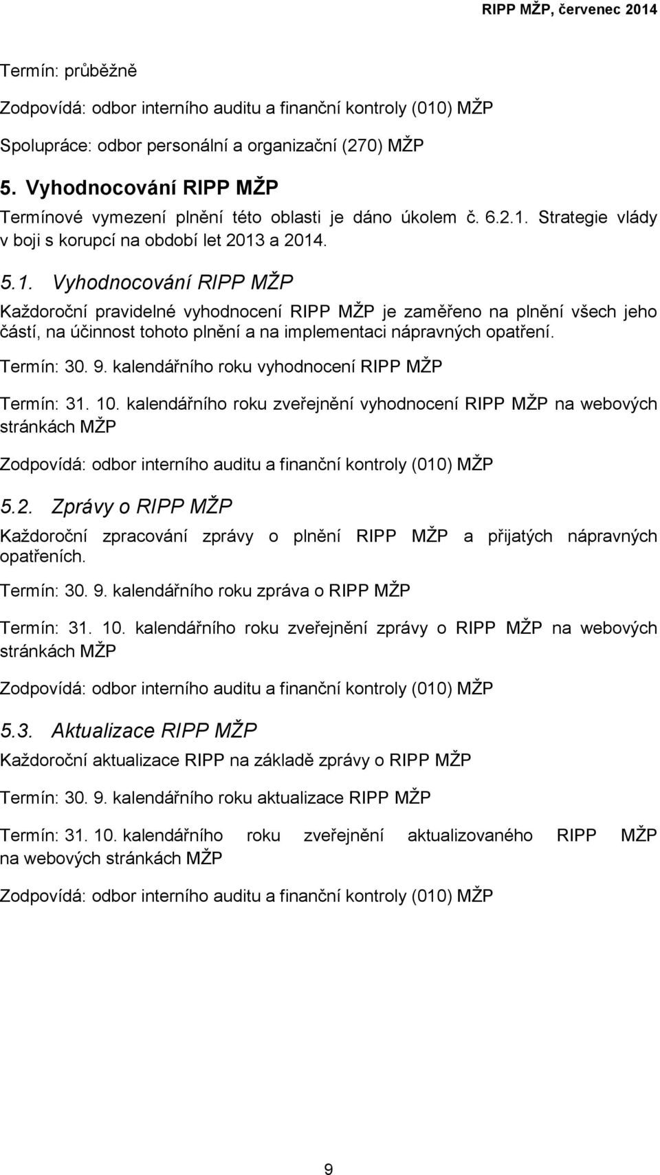 a 2014. 5.1. Vyhodnocování RIPP MŽP Každoroční pravidelné vyhodnocení RIPP MŽP je zaměřeno na plnění všech jeho částí, na účinnost tohoto plnění a na implementaci nápravných opatření. Termín: 30. 9.