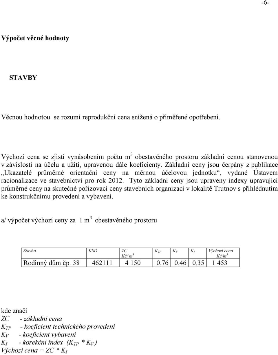 Základní ceny jsou čerpány z publikace Ukazatelé průměrné orientační ceny na měrnou účelovou jednotku, vydané Ústavem racionalizace ve stavebnictví pro rok 2012.