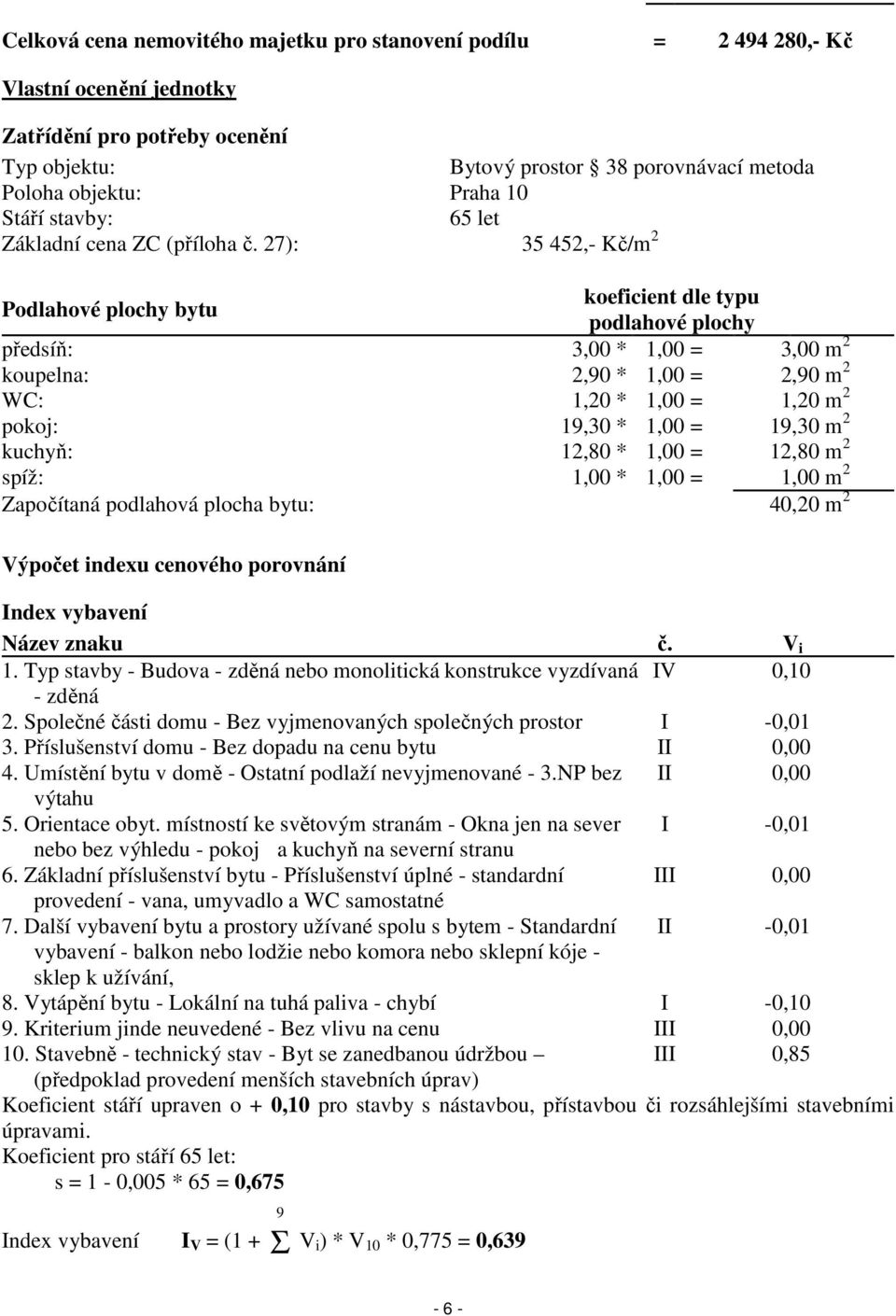 27): 35 452,- Kč/m 2 Podlahové plochy bytu koeficient dle typu podlahové plochy předsíň: 3,00 * 1,00 = 3,00 m 2 koupelna: 2,90 * 1,00 = 2,90 m 2 WC: 1,20 * 1,00 = 1,20 m 2 pokoj: 19,30 * 1,00 = 19,30