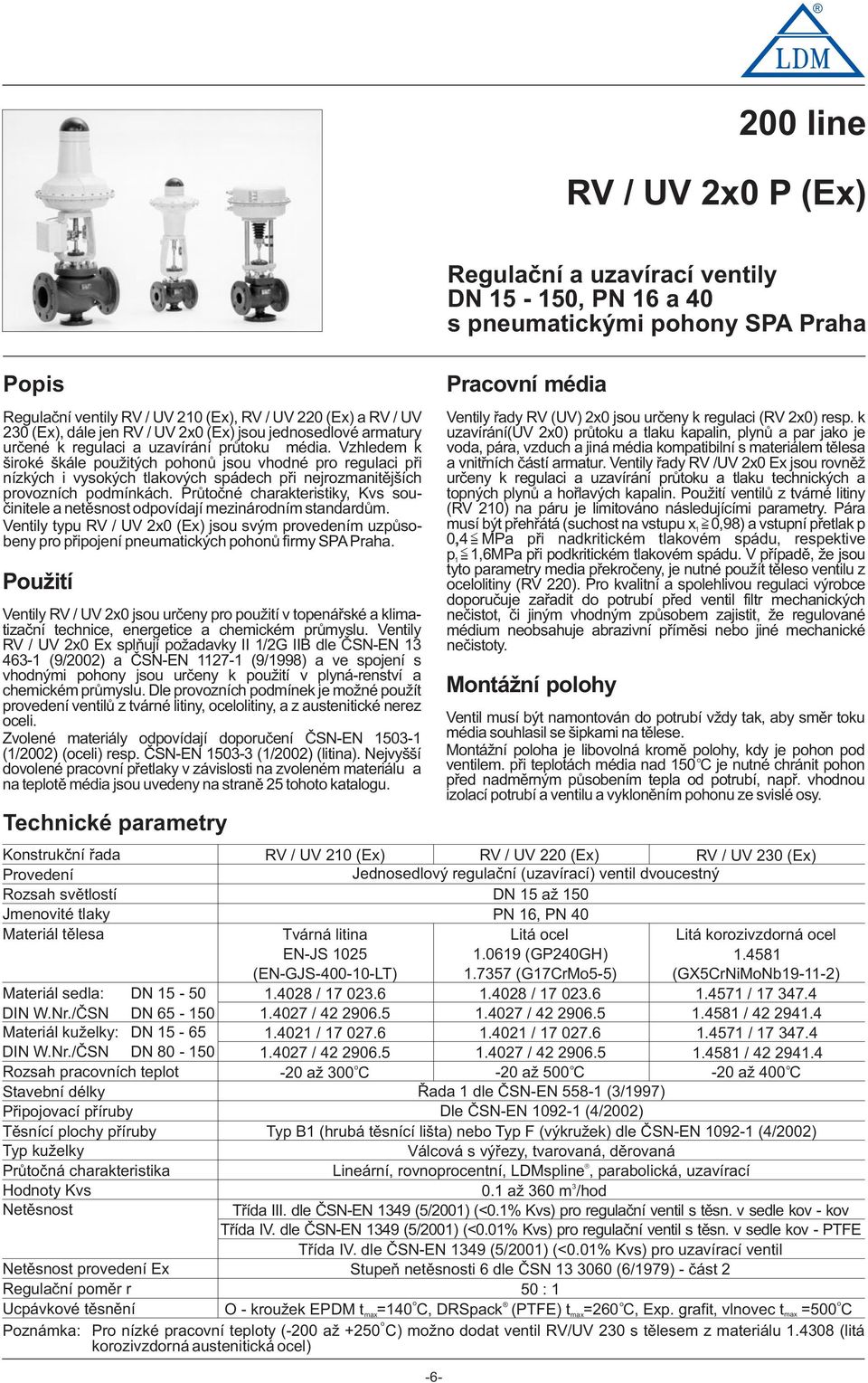 Průtčné charakteristiky, Kvs sučinitele a netěsnst dpvídají mezinárdním standardům. Ventily typu RV / UV x0 (Ex) jsu svým prvedením uzpůsbeny pr připjení pneumatických phnů firmy SPA Praha.