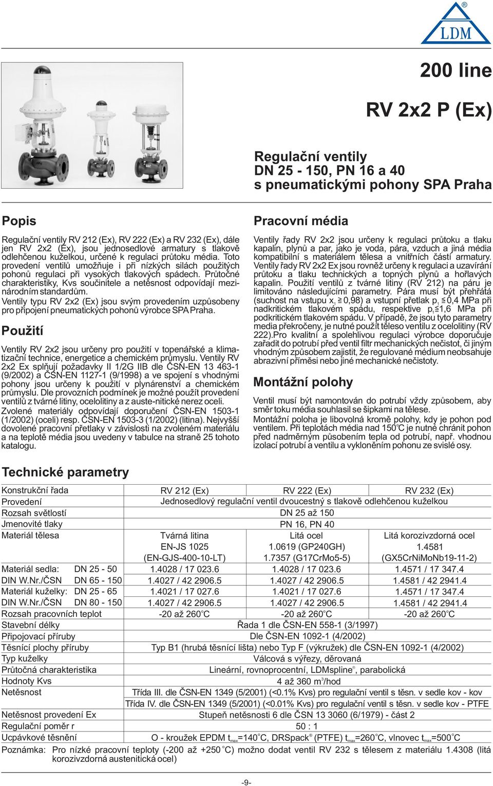 Průtčné charakteristiky, Kvs sučinitele a netěsnst dpvídají mezinárdním standardům. Ventily typu RV x (Ex) jsu svým prvedením uzpůsbeny pr připjení pneumatických phnů výrbce SPA Praha.