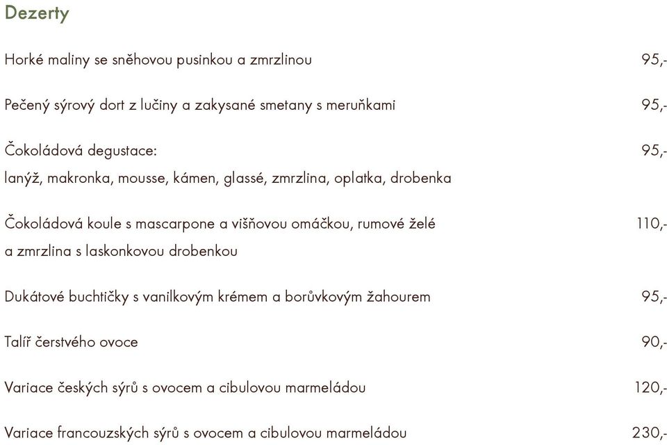 rumové želé 110,- a zmrzlina s laskonkovou drobenkou Dukátové buchtièky s vanilkovým krémem a borùvkovým žahourem 95,- Talíø èerstvého