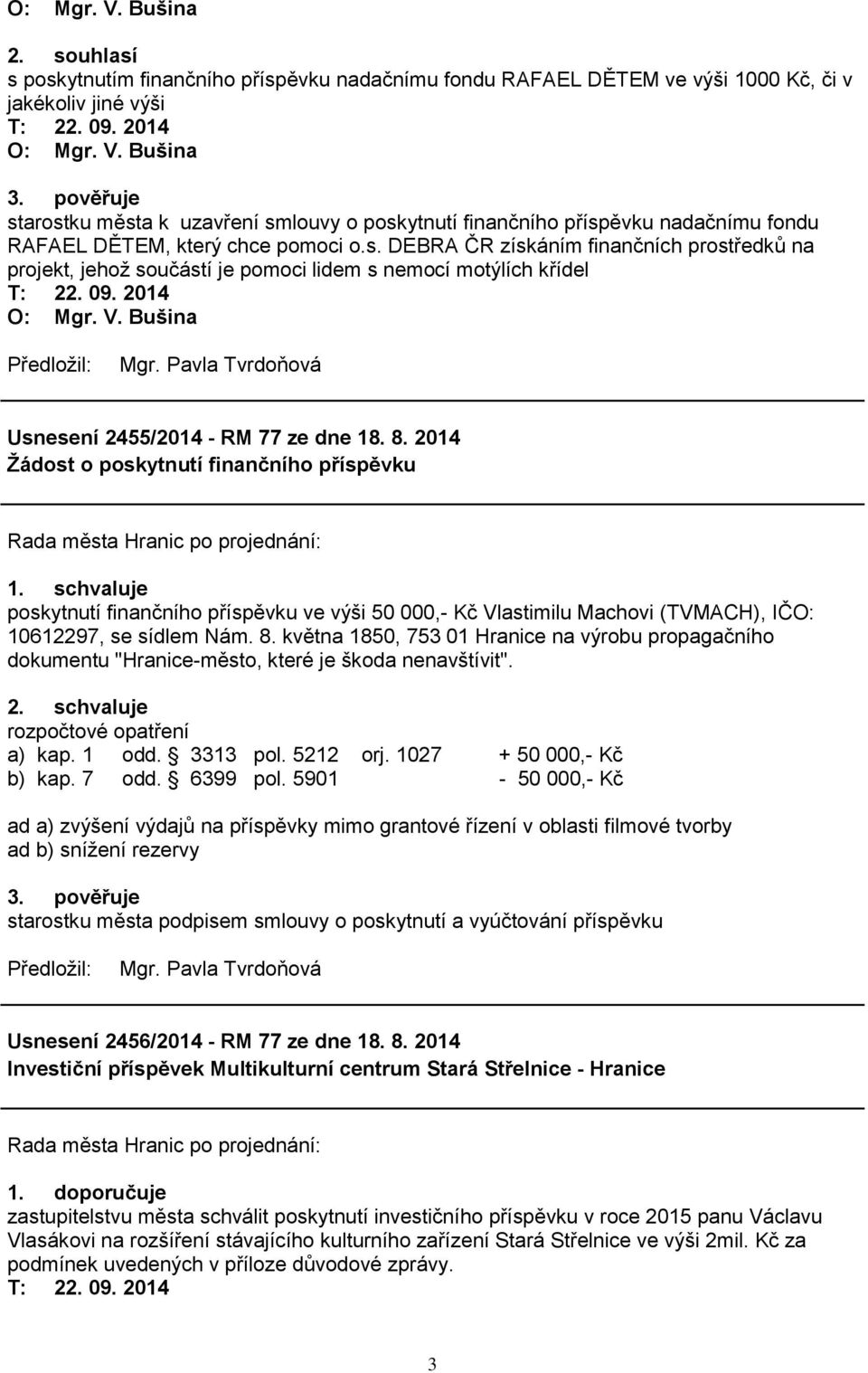 V. Bušina Usnesení 2455/2014 - RM 77 ze dne 18. 8.