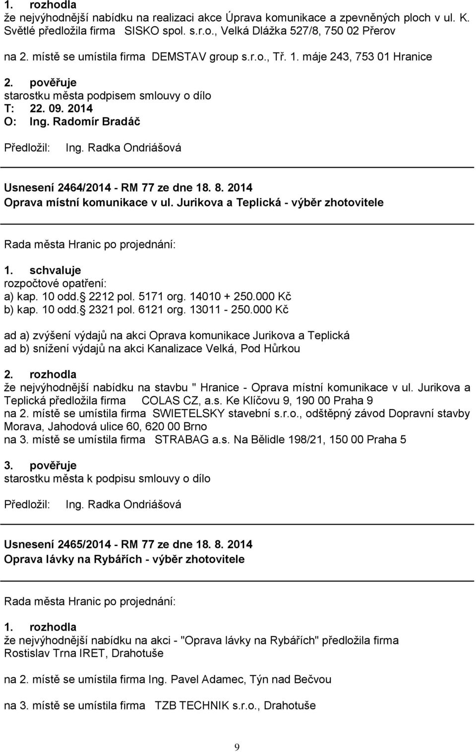 2014 Oprava místní komunikace v ul. Jurikova a Teplická - výběr zhotovitele rozpočtové opatření: a) kap. 10 odd. 2212 pol. 5171 org. 14010 + 250.000 Kč b) kap. 10 odd. 2321 pol. 6121 org. 13011-250.