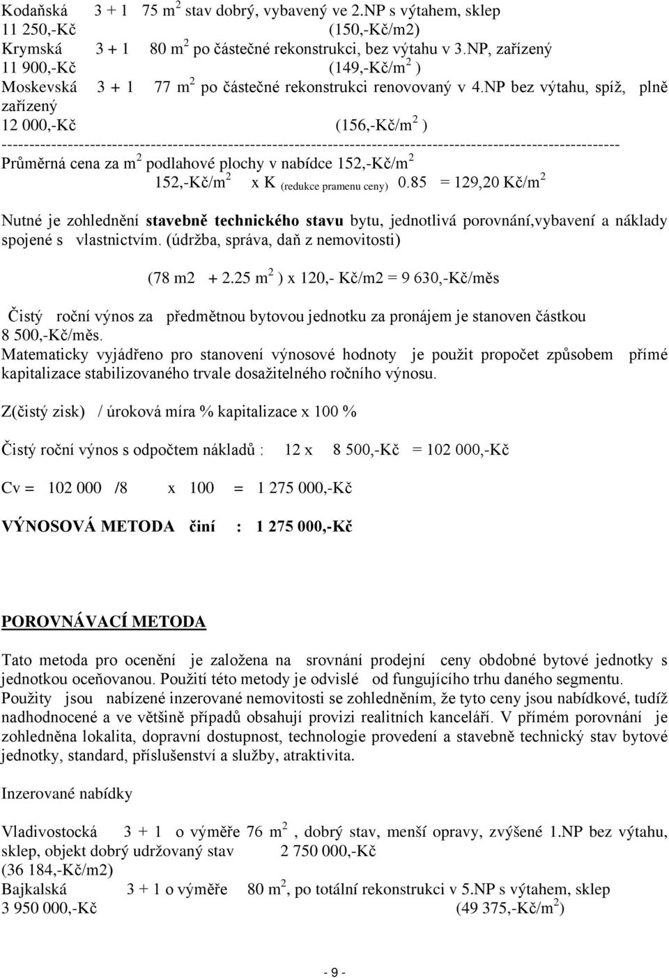 NP bez výtahu, spíž, plně zařízený 12 000,-Kč (156,-Kč/m 2 ) ---------------------------------------------------------------------------------------------------------------- Průměrná cena za m 2