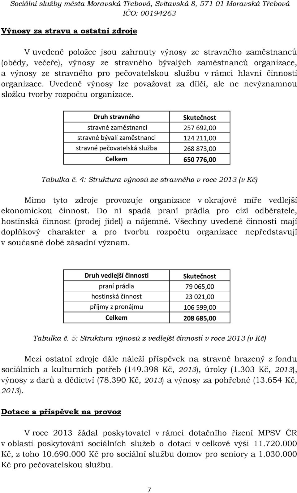 Druh stravného Skutečnost stravné zaměstnanci 257692,00 stravné bývalí zaměstnanci 124211,00 stravné pečovatelská služba 268873,00 Celkem 650 776,00 Tabulka č.