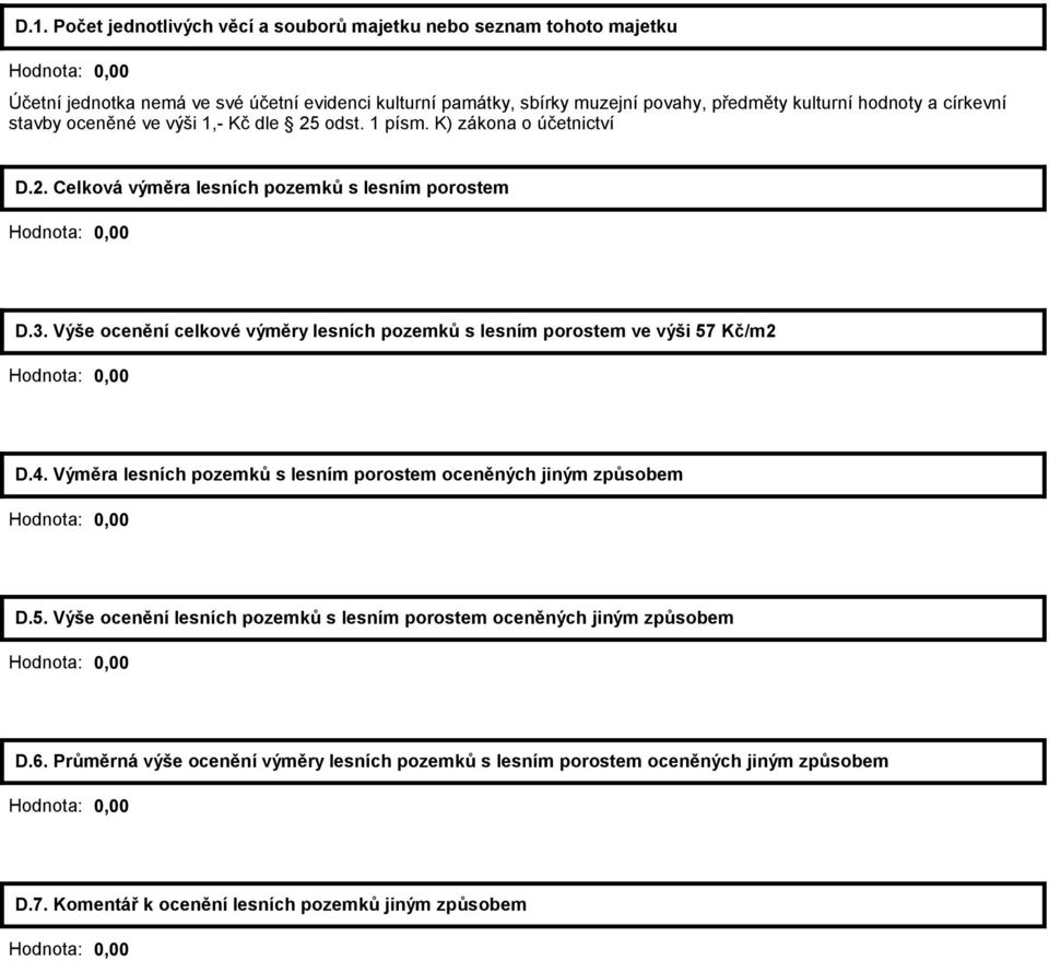 Výše ocenění celkové výměry lesních pozemků s lesním porostem ve výši 57 Kč/m2 Hodnota: 0,00 D.4. Výměra lesních pozemků s lesním porostem oceněných jiným způsobem Hodnota: 0,00 D.5. Výše ocenění lesních pozemků s lesním porostem oceněných jiným způsobem Hodnota: 0,00 D.