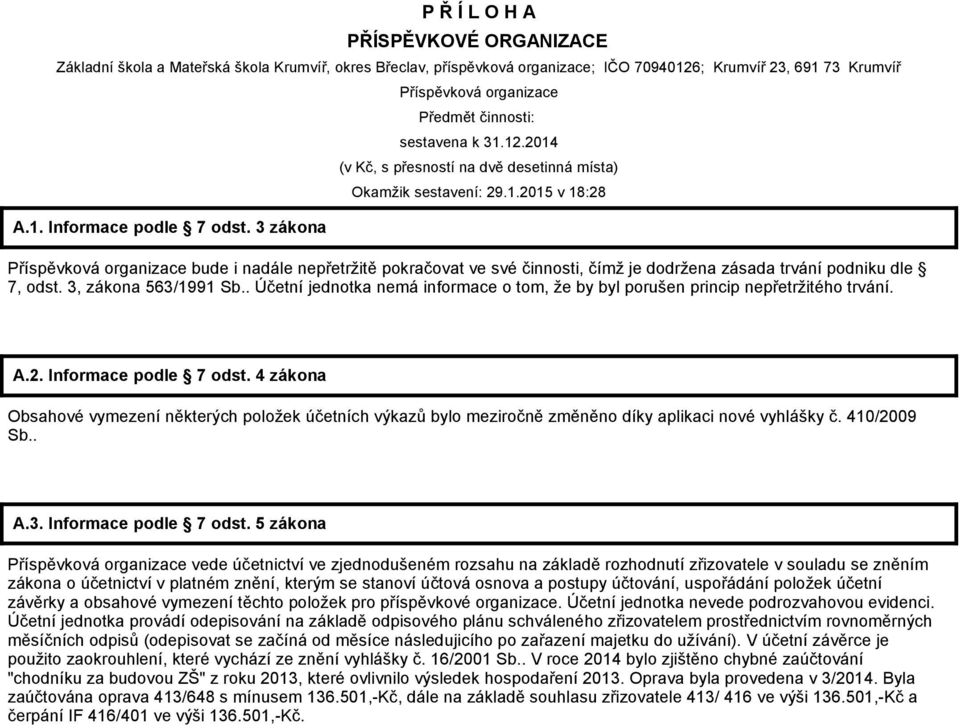 12.2014 (v Kč, s přesností na dvě desetinná místa) Okamžik sestavení: 29.1.2015 v 18:28 Příspěvková organizace bude i nadále nepřetržitě pokračovat ve své činnosti, čímž je dodržena zásada trvání podniku dle 7, odst.