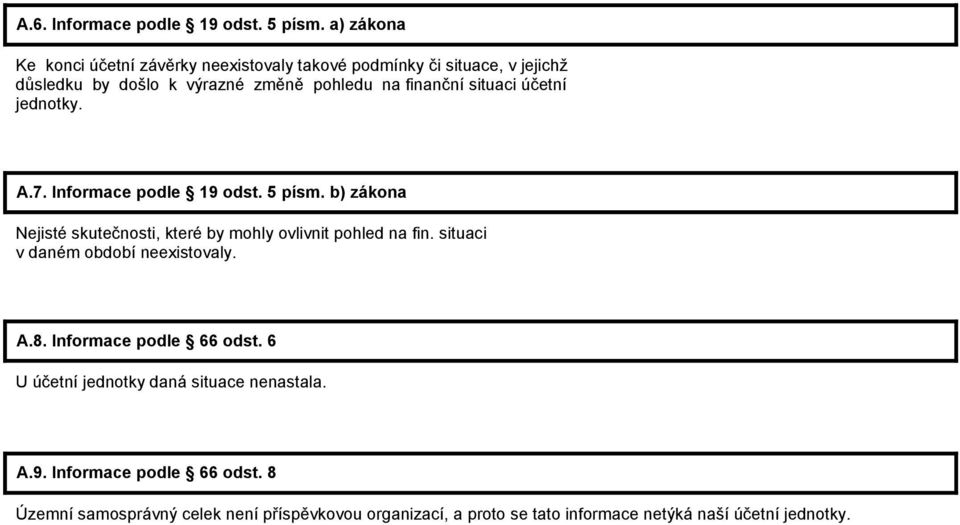 situaci účetní jednotky. A.7. Informace podle 19 odst. 5 písm. b) zákona Nejisté skutečnosti, které by mohly ovlivnit pohled na fin.