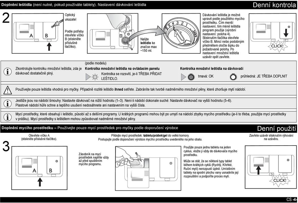 (podle modelu) Kontrolka množství leštidla na ovládacím panelu Kontrolka se rozsvítí, je-li TŘEBA PŘIDAT LEŠTIDLO. Dávkování leštidla je možné upravit podle použitého mycího prostředku.