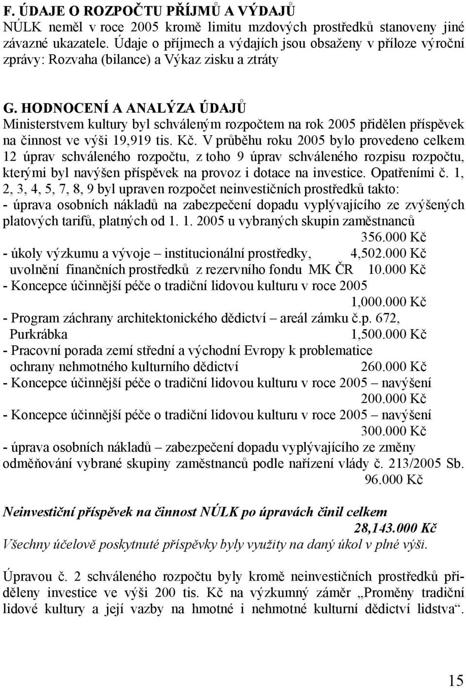 HODNOCENÍ A ANALÝZA ÚDAJŮ Ministerstvem kultury byl schváleným rozpočtem na rok 2005 přidělen příspěvek na činnost ve výši 19,919 tis. Kč.