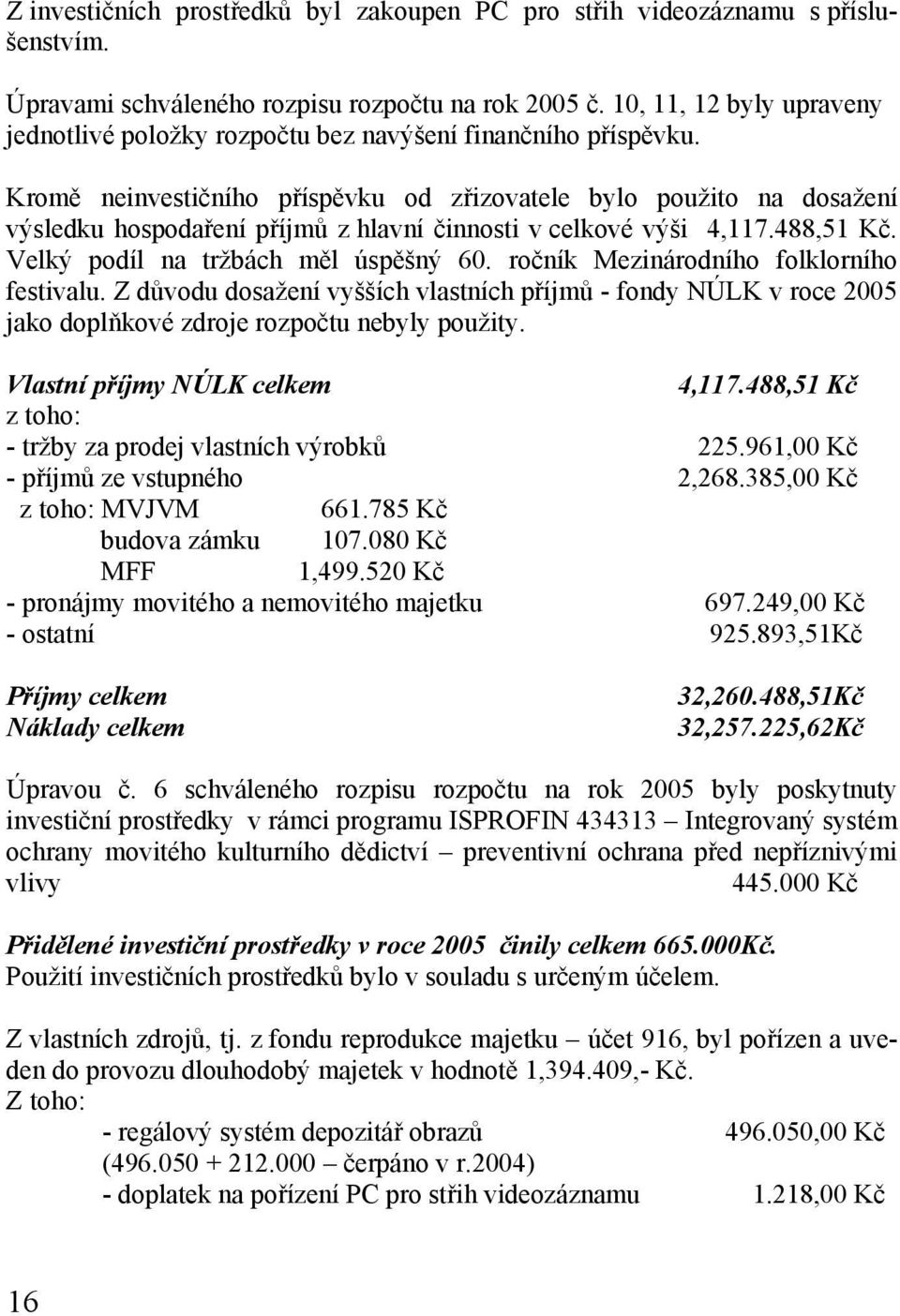 Kromě neinvestičního příspěvku od zřizovatele bylo použito na dosažení výsledku hospodaření příjmů z hlavní činnosti v celkové výši 4,117.488,51 Kč. Velký podíl na tržbách měl úspěšný 60.