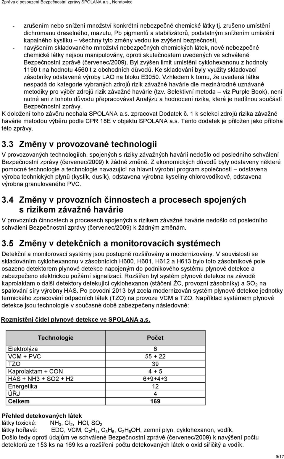 množství nebezpečných chemických látek, nové nebezpečné chemické látky nejsou manipulovány, oproti skutečnostem uvedených ve schválené Bezpečnostní zprávě (červenec/2009).