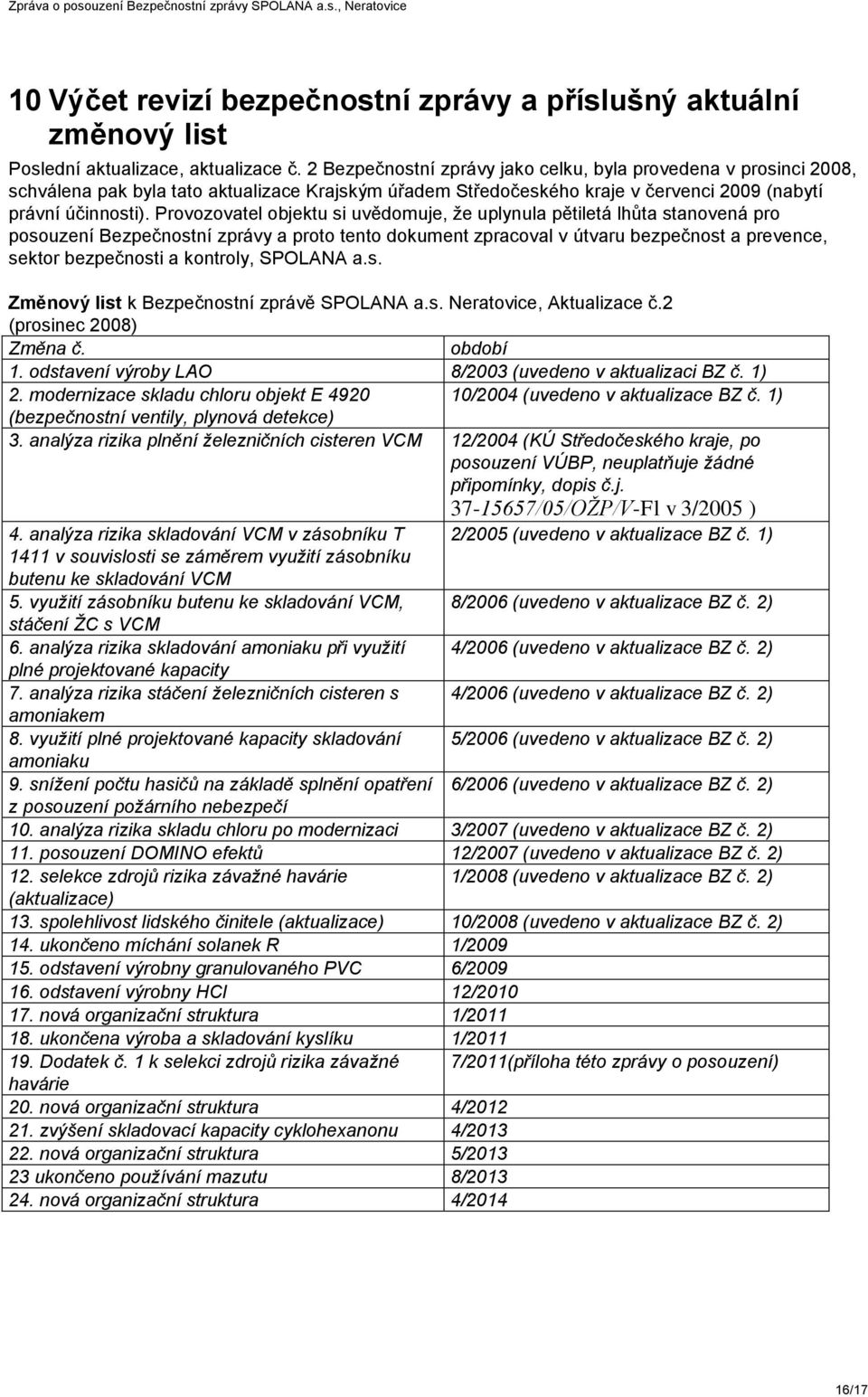 Provozovatel objektu si uvědomuje, že uplynula pětiletá lhůta stanovená pro posouzení Bezpečnostní zprávy a proto tento dokument zpracoval v útvaru bezpečnost a prevence, sektor bezpečnosti a