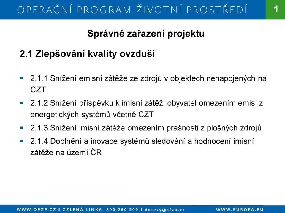 CZT 2.1.3 Snížení imisní zátěže omezením prašnosti z plošných zdrojů 2.1.4 Doplnění a inovace systémů sledování a hodnocení imisní zátěže na území ČR