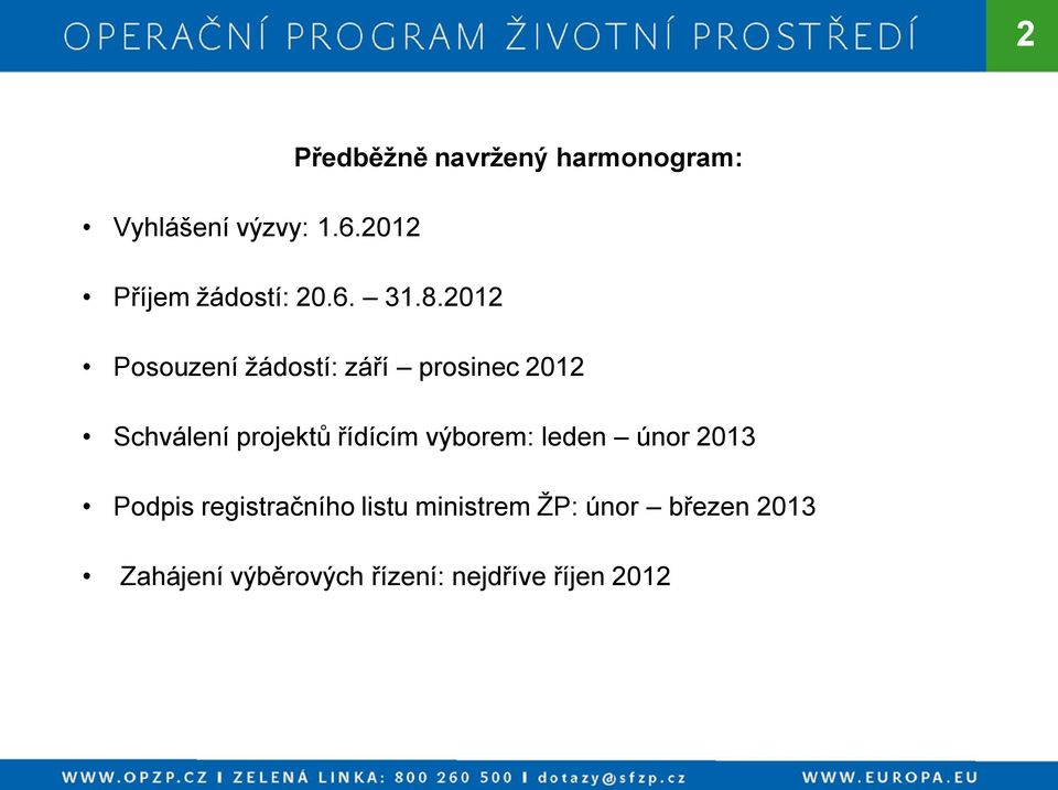 2012 Posouzení žádostí: září prosinec 2012 Schválení projektů řídícím