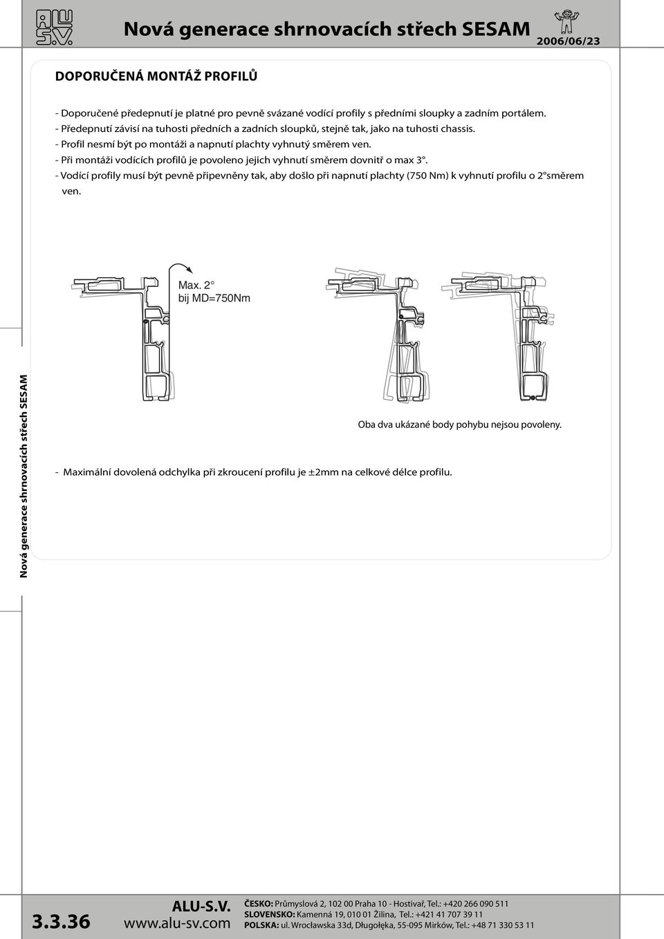 - Při montáži vodících profilů je povoleno jejich vyhnutí směrem dovnitř o max 3.