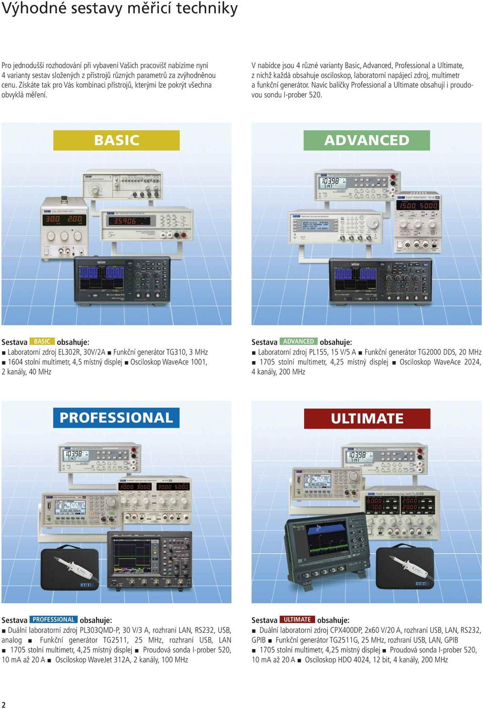 V nabídce jsou 4 různé varianty Basic, Advanced, Professional a Ultimate, z nichž každá obsahuje osciloskop, laboratorní napájecí zdroj, multimetr a funkční generátor.