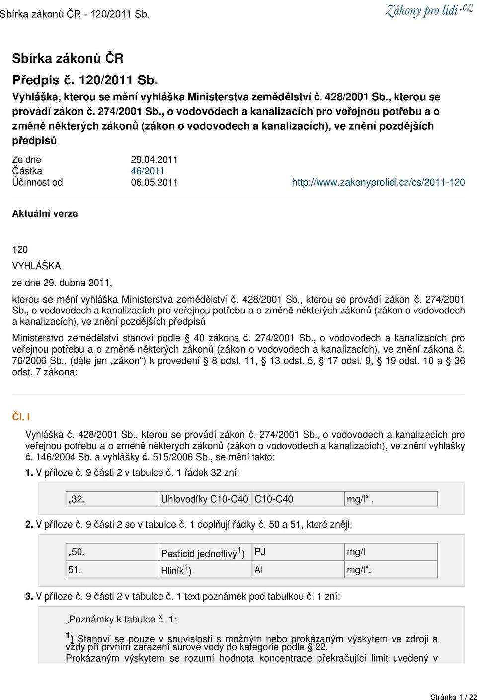 2011 http://www.zakonyprolidi.cz/cs/2011-120 Aktuální verze 120 VYHLÁŠKA ze dne 29. dubna 2011, kterou se mění vyhláška Ministerstva zemědělství č. 428/2001 Sb., kterou se provádí zákon č.