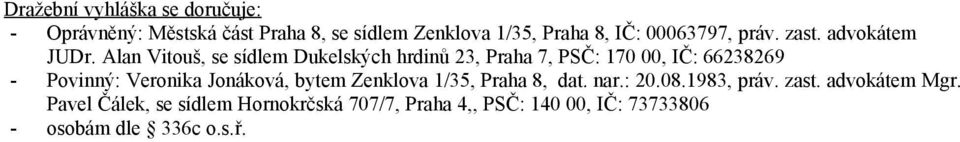 Alan Vitouš, se sídlem Dukelských hrdinů 23, Praha 7, PSČ: 170 00, IČ: 66238269 - Povinný: Veronika