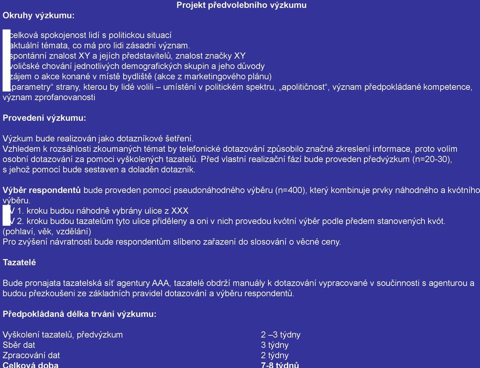 parametry strany, kterou by lidé volili umístění v politickém spektru, apolitičnost, význam předpokládané kompetence, význam zprofanovanosti Provedení výzkumu: Výzkum bude realizován jako dotazníkové