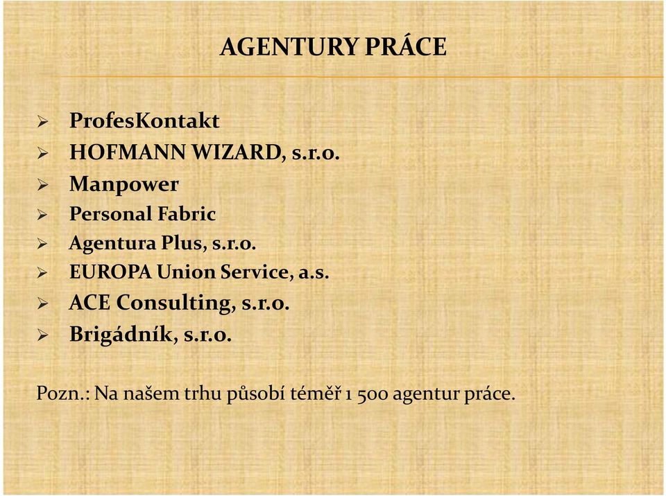 r.o. EUROPA Union Service, a.s. ACE Consulting, s.r.o. Brigádník, s.
