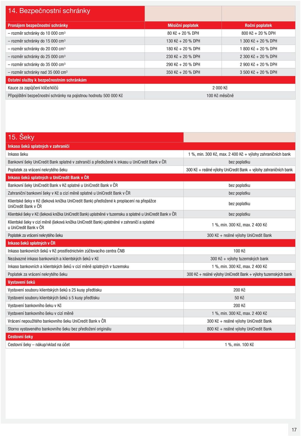 + 20 % DPH 2 900 Kč + 20 % DPH rozměr schránky nad 35 000 cm 3 350 Kč + 20 % DPH 3 500 Kč + 20 % DPH Ostatní služby k bezpečnostním schránkám Kauce za zapůjčení klíče/klíčů 2 000 Kč Připojištění