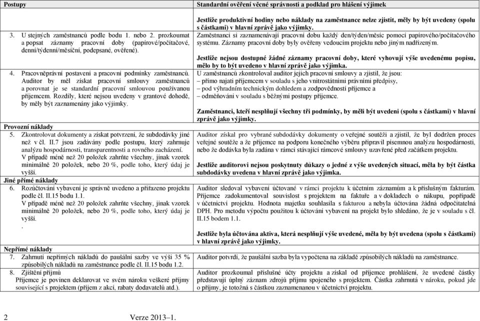 Rozdíly, které nejsou uvedeny v grantové dohodě, by měly být zaznamenány jako výjimky. Provozní náklady 5. Zkontrolovat dokumenty a získat potvrzení, že subdodávky jiné než v čl. II.