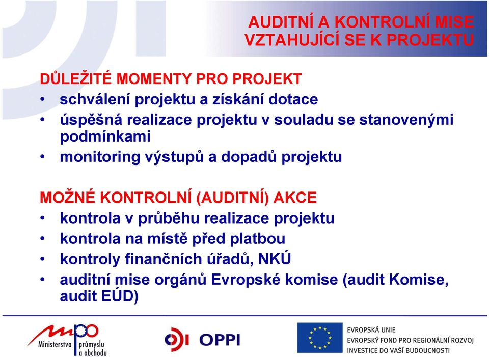 dopadů projektu MOŽNÉ KONTROLNÍ (AUDITNÍ) AKCE kontrola v průběhu realizace projektu kontrola na