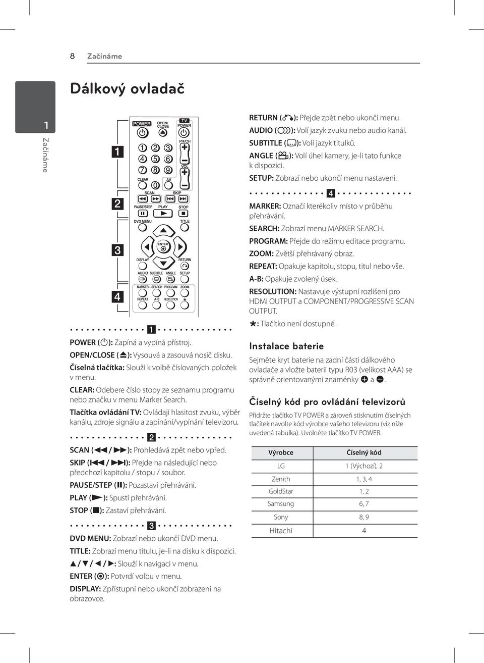 b SCAN (c/v): Prohledává zpět nebo vpřed. SKIP (C/V): Přejde na následující nebo předchozí kapitolu / stopu / soubor. PAUSE/STEP (M): Pozastaví přehrávání. PLAY (z): Spustí přehrávání.