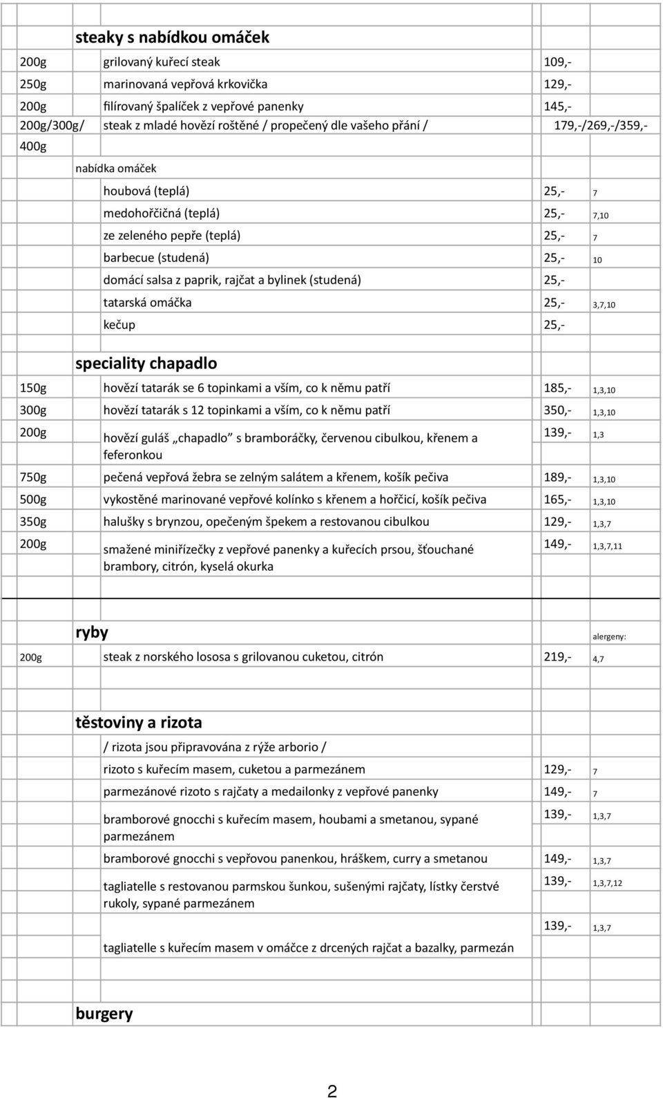 bylinek (studená) tatarská omáčka 25,- 3,7,10 kečup speciality chapadlo 150g hovězí tatarák se 6 topinkami a vším, co k němu patří 185,- 1,3,10 300g hovězí tatarák s 12 topinkami a vším, co k němu