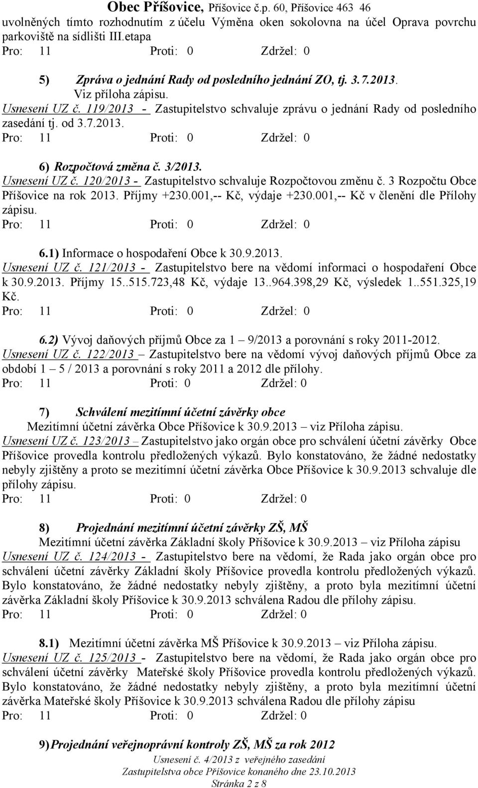 120/2013 - Zastupitelstvo schvaluje Rozpočtovou změnu č. 3 Rozpočtu Obce Příšovice na rok 2013. Příjmy +230.001,-- Kč, výdaje +230.001,-- Kč v členění dle Přílohy zápisu. 6.