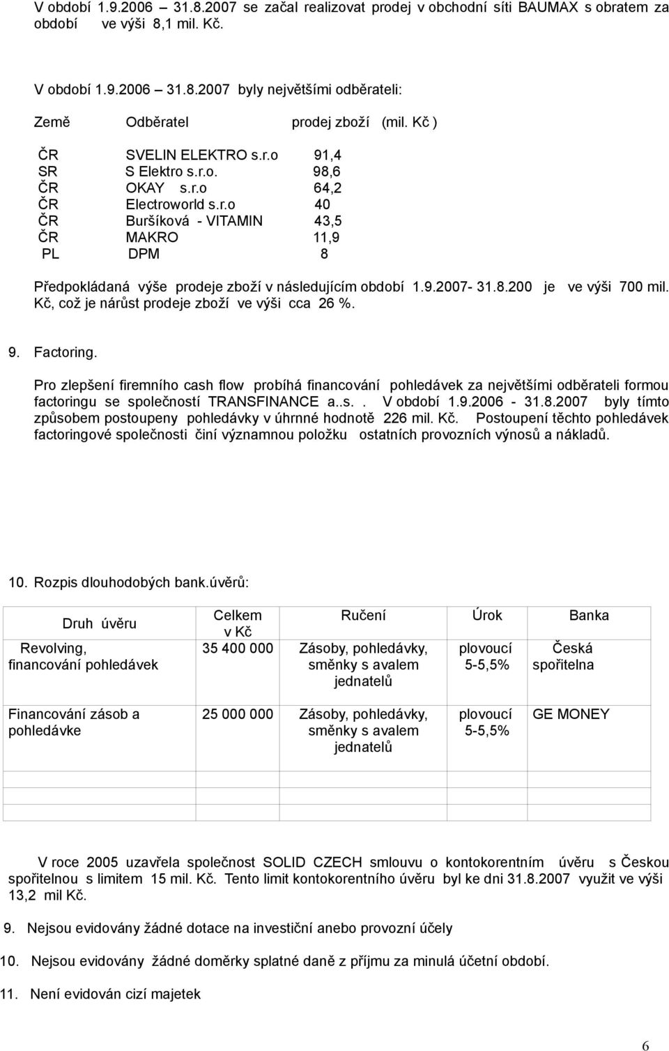 9.2007-31.8.200 je ve výši 700 mil. Kč, což je nárůst prodeje zboží ve výši cca 26 %. 9. Factoring.