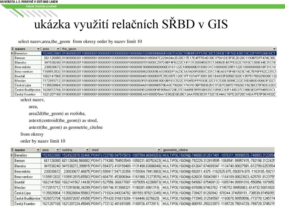 area2d(the_geom) as rozloha, astext(centroid(the_geom)) as