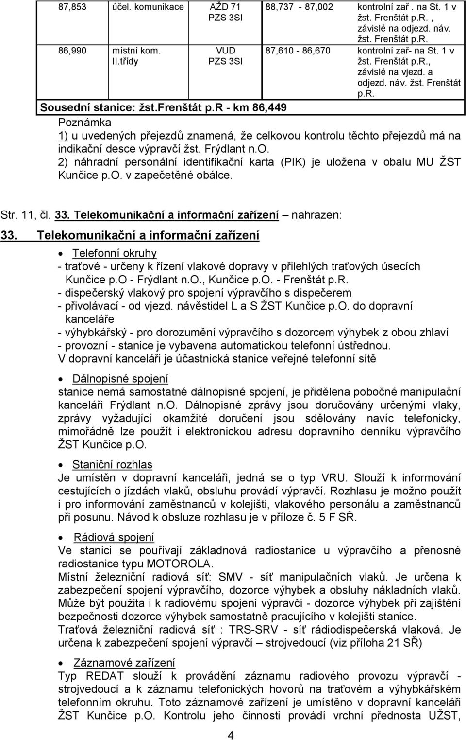 r - km 86,449 Poznámka 1) u uvedených přejezdů znamená, že celkovou kontrolu těchto přejezdů má na indikační desce výpravčí žst. Frýdlant n.o. 2) náhradní personální identifikační karta (PIK) je uložena v obalu MU ŽST Kunčice p.