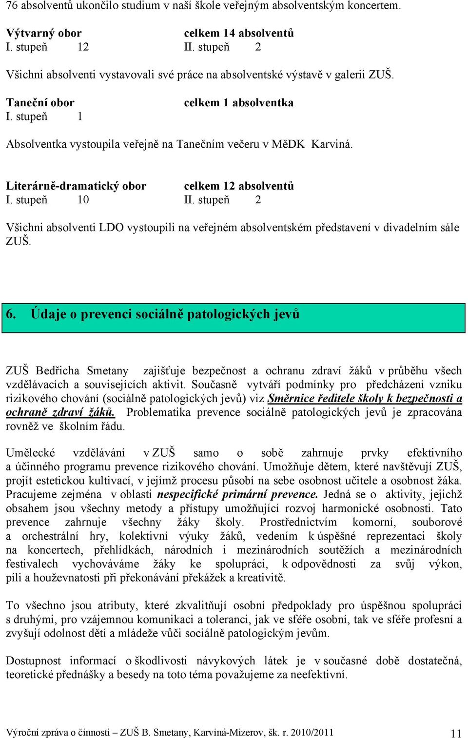 Literárně-dramatický obor celkem 12 absolventů I. stupeň 10 II. stupeň 2 Všichni absolventi LDO vystoupili na veřejném absolventském představení v divadelním sále ZUŠ. 6.