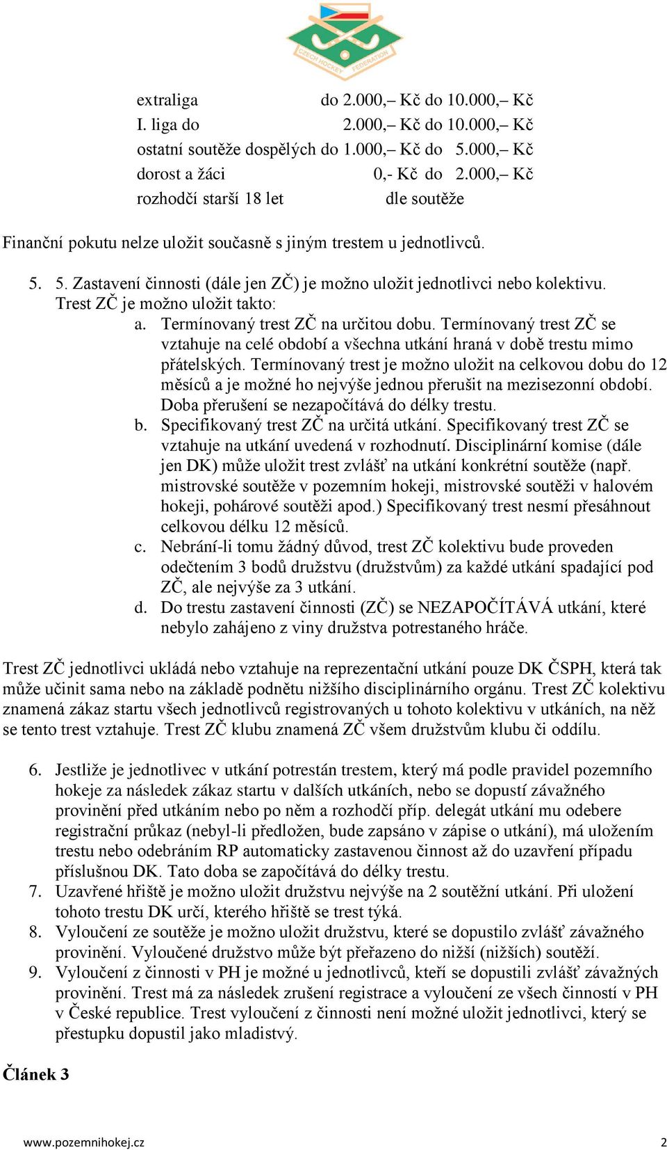 Trest ZČ je možno uložit takto: a. Termínovaný trest ZČ na určitou dobu. Termínovaný trest ZČ se vztahuje na celé období a všechna utkání hraná v době trestu mimo přátelských.