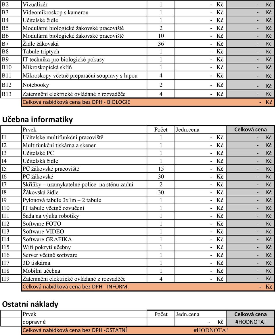 nabídková cena bez DPH - BIOLOGIE Učebna informatiky Prvek Počet Jedn.