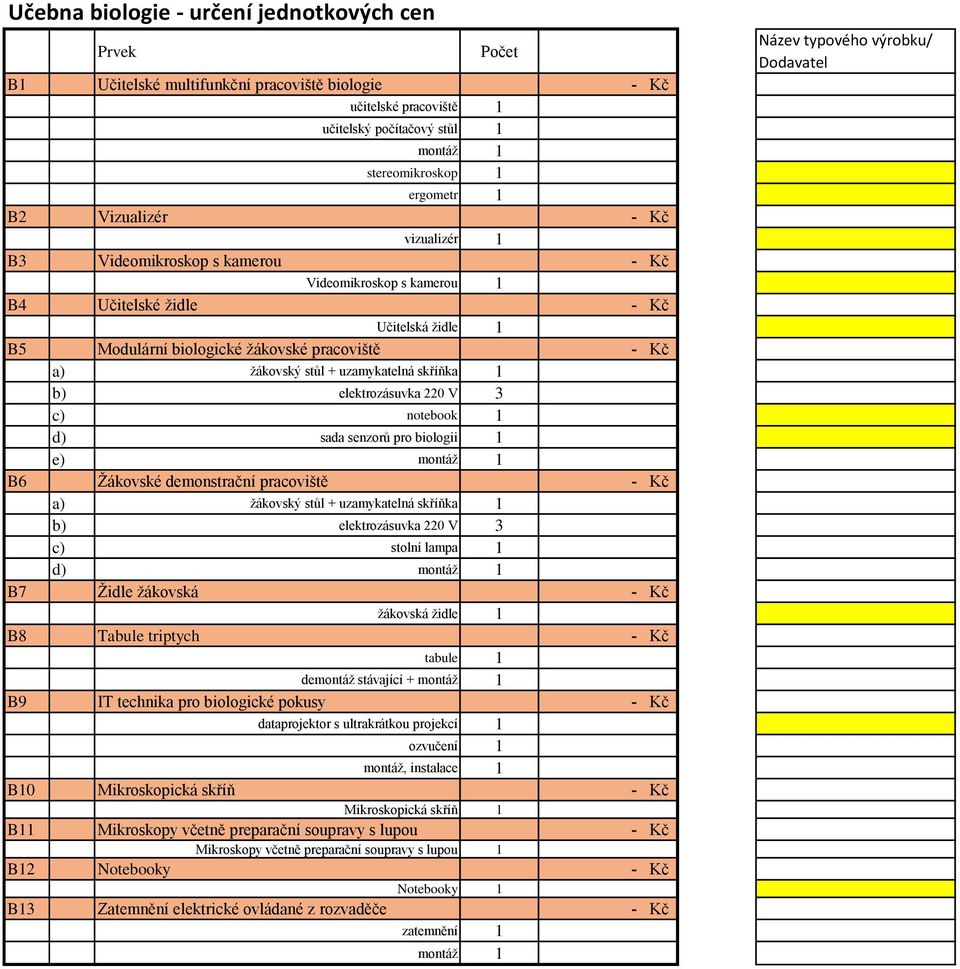 elektrozásuvka 220 V 3 c) notebook 1 d) sada senzorů pro biologii 1 e) B6 Žákovské demonstrační pracoviště a) žákovský stůl + uzamykatelná skříňka 1 b) elektrozásuvka 220 V 3 c) stolní lampa 1 d) B7