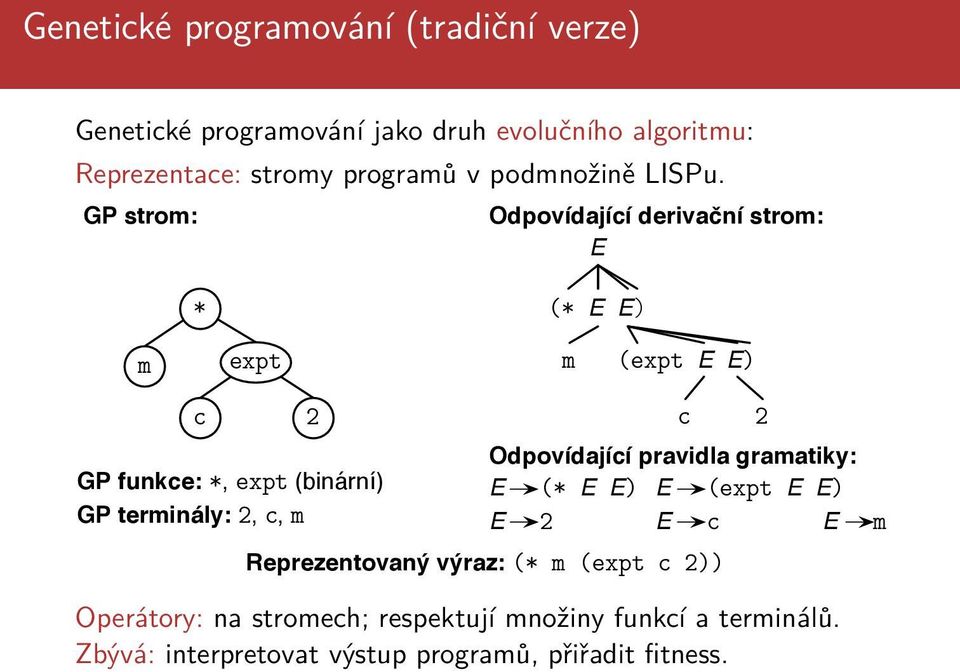 GP strom: Odpovídající derivační strom: E * (* E E) m expt m (expt E E) c 2 GP funkce: *, expt (binární) GP terminály: 2, c,