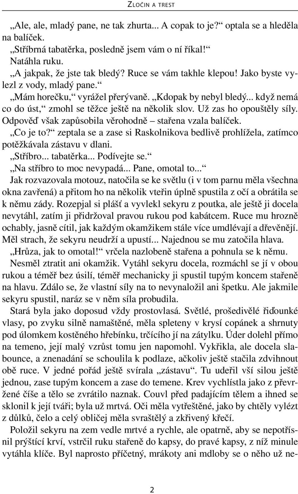Už zas ho opouštěly síly. Odpověď však zapůsobila věrohodně stařena vzala balíček. Co je to? zeptala se a zase si Raskolnikova bedlivě prohlížela, zatímco potěžkávala zástavu v dlani. Stříbro.